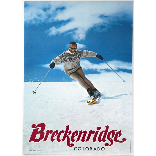 Sport Poster Breckenridge Colorado Ski USA. Original vintage ski travel poster for Breckenridge Colorado featuring a great image of a pan in a patterned woolen jumper and sunglasses skiing down a snowy slope. Stylised red lettering below. Breckenridge is a Colorado town at the base of the Rocky Mountains Tenmile Range. It's known for its ski resort, year-round alpine activities and Gold Rush history.  Excellent condition. Country of issue: USA, designer: Unknown, size (cm): 76x54, year of printing: 1960s