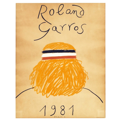 Sport Poster Roland Garros 81 Tennis Grand Slam. Original vintage sports poster for the 1981 Roland Garros grand slam tennis tournament - Design by Eduardo Arroyo (1937-2018) depicting a tennis player with wavy yellow hair held together by tricolour headband, stylised handwriting style text. Fair condition, colours faded, staining, foxing, small tear in the bottom right corner, embossed lettering. Country of issue: France, designer: Eduardo Arroyo, size (cm): 75x57, year of printing: 1981