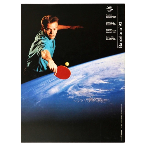 Sport Poster Barcelona Olympics 1992 Table Tennis. Original vintage sports poster for Barcelona '92 Games of the XXV Olympiad Barcelona 1992 featuring a dynamic photo collage of table tennis player bouncing ping pong ball over a superimposed image of the Earth. The 1992 Summer Olympics were held from 25 July to 9 August 1992 in Barcelona, Catalonia, Spain, the highlight of the opening ceremony was an unusual Olympic cauldron fire lighting using a flaming arrow shot by Paralympic archer Antonio Rebollo. Unified Team made up of former Soviet Union Republics excluding the three Baltic states won the most medals, followed by the United States and Germany. Excellent condition. Country of issue: Spain, designer: Addison, size (cm): 44x32, year of printing: 1990