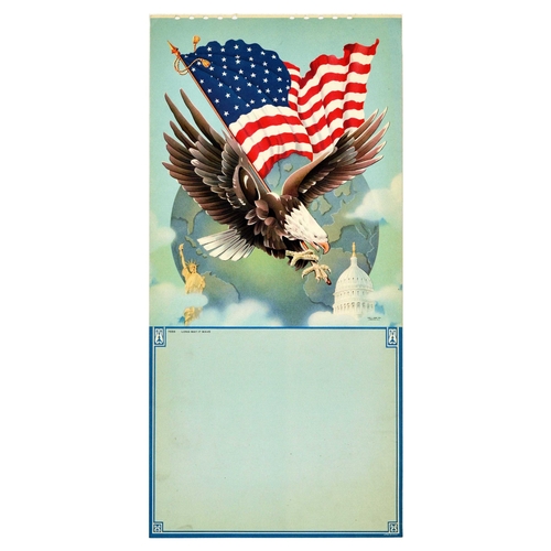 313 - Propaganda Poster US Eagle Flag Capitol Statue Liberty Earth Globe. Original vintage calendar backin... 