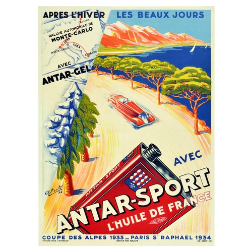 34 - Advertising Poster Antar Sport Monte Carlo Automobile Rally Race. Original vintage advertising poste... 