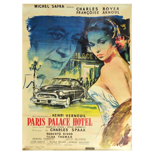 Cinema Poster Paris Palace Hotel . Original vintage movie poster for the French/Italian romantic comedy Paris, Palace Hotel - a 1956 film directed by Henri Verneuil and starred Charles Boyer, Francoise Arnoul, Roberto Risso, Tilda Thamar, Georges Chamarat, and Louis Seign. Design features painterly portraits of the main characters with a black car outside the Palace Hotel in the background. Fair condition, creasing, folds, tears, minor staining, paper losses, backed on linen Country of issue: France, designer: Rinaldo Geleng, size (cm): 158x118, year of printing: 1956