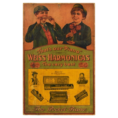 9 - Advertising Poster Weiss Harmonicas Pocket Piano Music. Original antique advertising poster for Weis... 