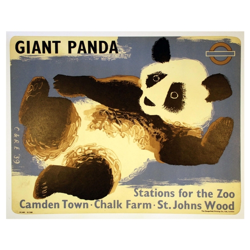 London Underground Poster Clifford Rosemary Ellis Giant Panda London Zoo. Original vintage London Transport poster for London Zoo Giant Panda. Design by Clifford Ellis (1907-1985) and Rosemary Ellis (1910-1998) features an adorable illustration of Ming, the giant panda, laying down portrayed against blue and white background. Printed by the Dangerfield Printing Company Ltd. London Transport logo in the top right corner. Excellent condition. Country of issue: UK, designer: Clifford Ellis and Rosemary Ellis, size (cm): 25.5x32, year of printing: 1939.