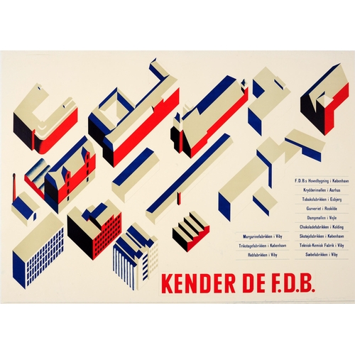 Art Deco Poster Danish Modernist FDB Cooperative. Original vintage poster advertising the Danish Cooperative FDB (founded 1896; now the Coop Amba) featuring a great Modernist design depicting different buildings and architecture along with a list of companies from the Cooperative including a chocolate factory, tobacco factory, margarine factory, knitting factory, chemical factory and a rope factory with the title below Kender de FDB / Know the FDB. Horizontal.  Fair condition, restored paper losses, restored tears in margin, backed on linen. Country of issue: Denmark, designer: Unknown, size (cm): 70x104, year of printing: 1930s.