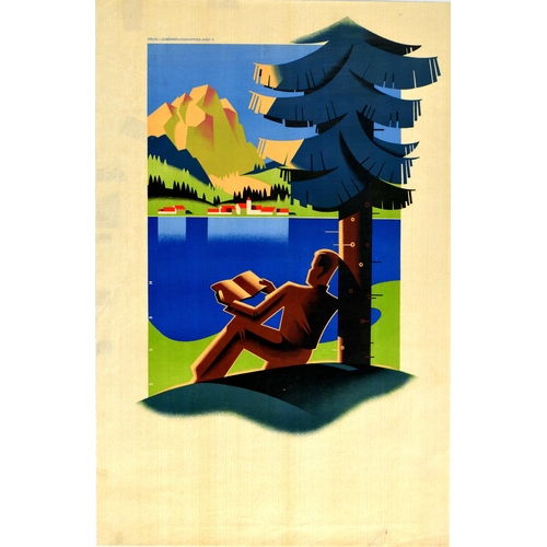 137 - Art Deco Poster Lakeside Man Reading Book Art Deco. Original vintage poster featuring an Art Deco st... 