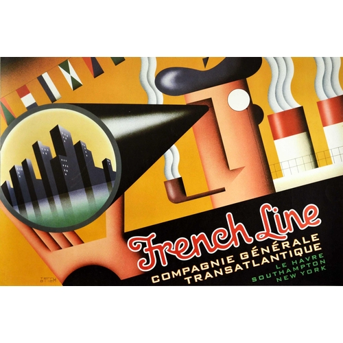 144 - Art Deco Poster French Line Le Havre Southampton New York. Original vintage cruise travel advertisin... 