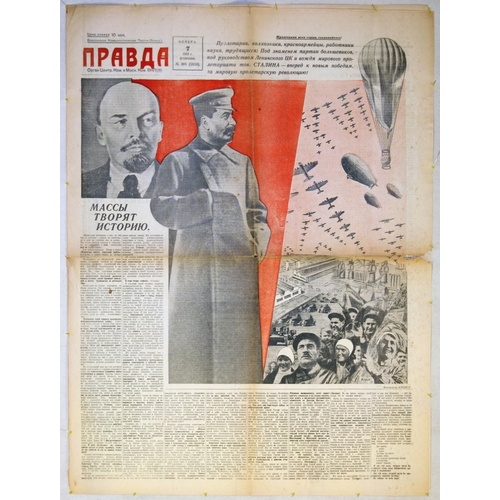 Constructivist Newspaper Klutsis Pravda Newspaper 7/11/1933. Original vintage Soviet newspaper, Pravda (Truth), 7 November 1933. Front page article - Masses Create History - with photomontage design by the notable artist and photographer Gustav Klutsis (1895-1938). Folds, loss in middle and on right side middle margin. Front and back pages. Country of issue: Russia, designer: G Klutsis, size (cm): 68x50.5, year of printing: 1933. For other avant-garde publications please visit our website https://antikbarbooks.co.uk/