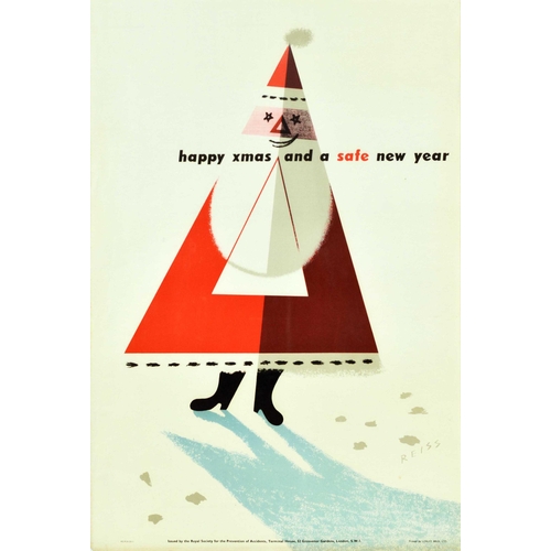 212 - Midcentury Modern Poster Happy Xmas Safe New Year ROSPA Santa Claus. Original vintage road safety po... 