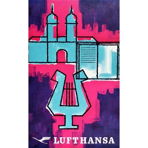 Midcentury Modern Poster Lufthansa Airline Blue Harp Rott. Original vintage travel poster for Lufthansa featuring a colourful mid-century design depicting lines and shapes of an old city entrance with a book on the side, the title text and logo in white below. Formed in 1926, Deutsche Luft Hansa A.G. became Deutsche Lufthansa in 1933; the company's crane logo was designed by Otto Firle in 1918.  Excellent condition. Country of issue: Germany, designer: Hans Rott, size (cm): 101x63, year of printing: 1960s.