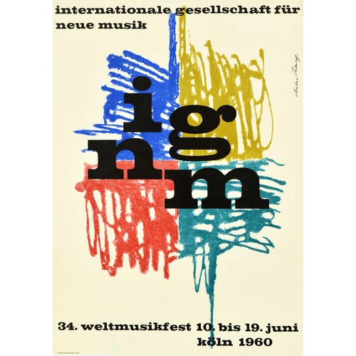 222 - Modernist Poster IGNM New Music Festival Koln Cologne. Original vintage advertising poster for a con... 