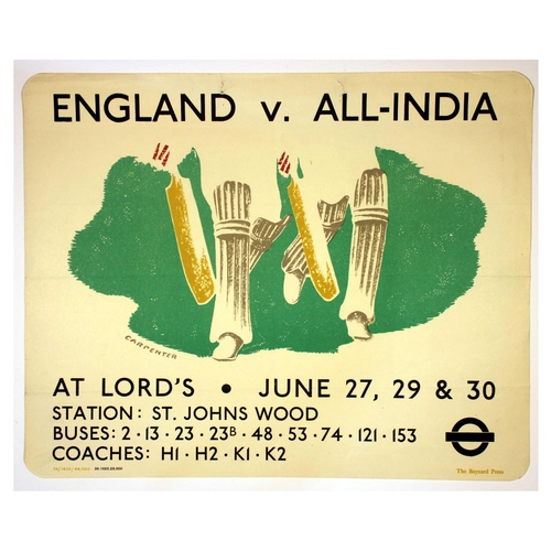 23 - London Underground Poster Carpenter Cricket Lords England All-India. Original vintage London Transpo... 