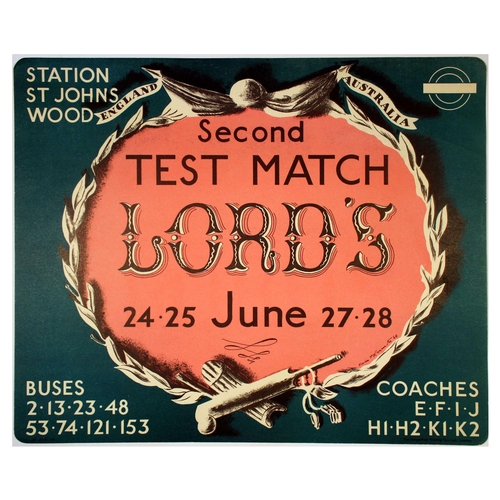 24 - London Underground Poster Osbert Lancaster Cricket Second Test Match Lords. Original vintage London ... 