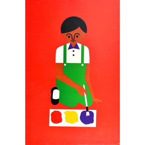 Creative Playthings Poster Fredun Shapur Painting. Original vintage advertising poster for the Creative Playthings educational toy shop in Manhattan New York featuring a fun and colourful graphic design by the South African toymaker and illustrator Fredun Shapur (b. 1929), showing a child in green dungarees and a white shirt kneeling on the ground and dipping a paintbrush onto a paint palette with contains yellow, red and blue paint on it, against a red background. One of a series of ten posters illustrating the different forms of play - dramatic, active, social etc. - and the products available in the store (opened 1945), also used for wrapping paper and in the company catalogue.  Very good condition, minor creasing. Country of issue: USA, designer: Fredun Shapur, size (cm): 97x64, year of printing: 1971.