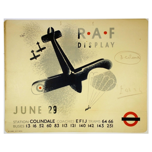 44 - London Underground Poster Hans Schleger RAF Display Plane Parachute. Original vintage London Transpo... 