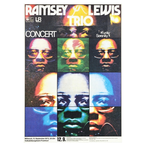 Advertising Poster Ramsey Lewis Trio Jazz Piano Music Concert. Original vintage advertising poster Ramsey Lewis Trio concert Funky Serenity 12 September 1973 in Frankfurt, featuring a collage made from Ramsey Lewis photographs in yellow, green, brown and blue. Ramsey Lewis (b.1935) is an American jazz composer and pianist, he formed Ramsey Lewis trio together with drummer Isaac "Redd" Holt and bassist Eldee Young. Excellent condition, minor creasing. Country of issue: Germany, designer: Unknown, size (cm): 84x60, year of printing: 1973.