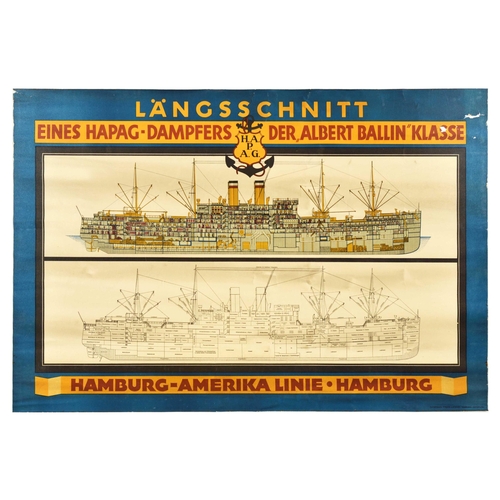 15 - Advertising Poster HAPAG Cruise Ship Steamers Langsschnitt Hamburg America Line. Original vintage ad... 