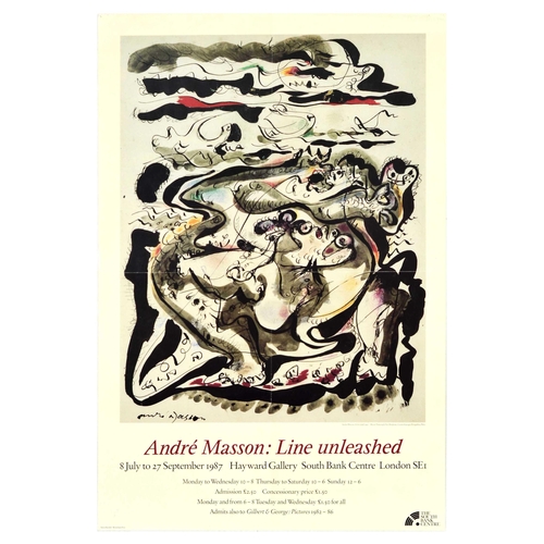 Advertising Poster Andre Mason Line Unleashed Surrealism Art Exhibition. Original vintage advertising poster for Andre Masson: Line unleashed, 8 July to 27 September 1987 at Hayward Gallery, London, featuring an automatic drawing in black ink and colourful patches by a French Surrealist artist Andre Masson (1896-1987).  Good condition, folds, creasing, pinholes, tears on edges, minor staining. Country of issue: UK, designer: Unknown, size (cm): 76x51, year of printing: 1987.