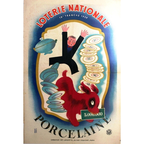 22 - Advertising Poster Porcelain Dog Art Deco Loterie Nationale France. Original vintage poster for the ... 