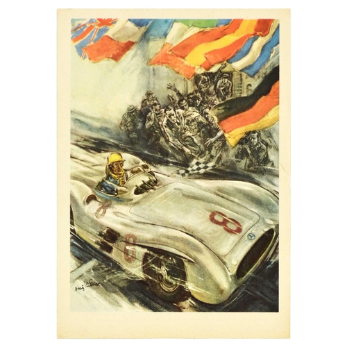 Sport Poster Mercedes Benz 1954 1955 Formula One Grand Prix Car Racing Victory. Original vintage double-sided poster published in Swedish by Mercedes Benz to celebrate its racing results in 1954 and 1955. Fantastic illustration on the front depicting a number 8 silver Mercedes-Benz 300 SLR Roadster racing car crossing the finishing line and chequered flag with spectators cheering and people taking photos below colourful flags along the top. The text on the reverse lists the 1954 and 1955 race results including F1 Tourist Trophy and Mille Miglia and championship victories by their drivers including Fangio, Moss, Kling, Herrmann and Taruffi in various countries including France, Italy, UK, Spain and Holland with the title Mercedes Benz - Victories for future development / Mercedes-Benz - Segrar for framtida utveckling in white and black letters against a blue background. Printed in Germany.  Good condition, minor creasing, tear on right edge, double sided. Country of issue: Germany, designer: Hans Liska, size (cm): 30x21, year of printing: 1955.