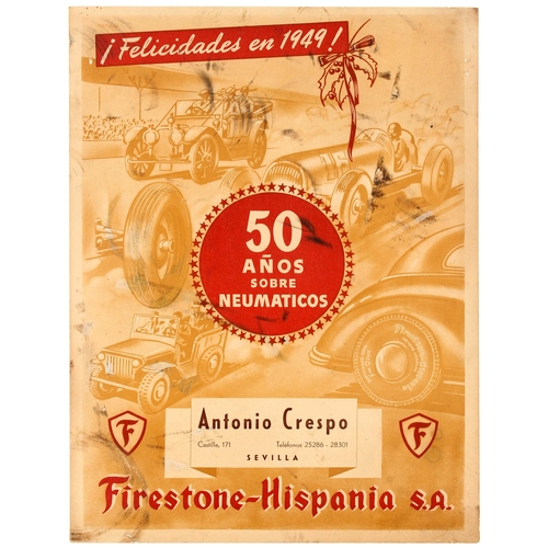 29 - Advertising Poster Firestone Tyres Garage Spain Jeep Racing Car. Spanish car garage New Year commera... 