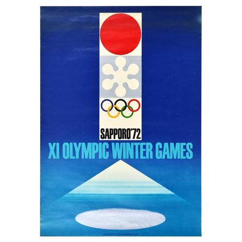 Sport Poster Sapporo Olympics Winter Games Mountain Japan. Rare large version of the original vintage sport poster for the XI Olympic Winter Games held in Sapporo Japan from 3-13 February 1972 featuring a stylised illustration of a mountain set over blue background, with the Olympic rings, stylised snowflake, and a flag of Japan, bold blue lettering. The XI Olympic Winter Games held in Sapporo Hokkaido Japan in 1972 was the first Winter Olympic Games held outside Europe and North America Very good condition, creasing. Country of issue: Japan, designer: Takashi Kono, size (cm): 103x74, year of printing: 1972.