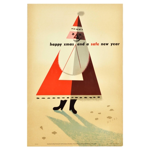 Propaganda Poster Santa Claus ROSPA Midcentury Modern Road Safety Manfred Reiss. Original vintage road safety poster - happy xmas and a safe new year - issued by the Royal Society for the Prevention of Accidents ROSPA featuring a fun and colourful mid-century illustration by the graphic designer Manfred Reiss (1922-1987) of a triangle shaped smiling Father Christmas standing in the snow with the bold stylised red and black lettering through the centre. Printed by Loxley Bros LTD. Good condition, creasing, tears, staining, browning, small paper losses on edges. Country of issue: UK, designer: Manfred Reiss, size (cm): 75x50, year of printing: 1950s.
