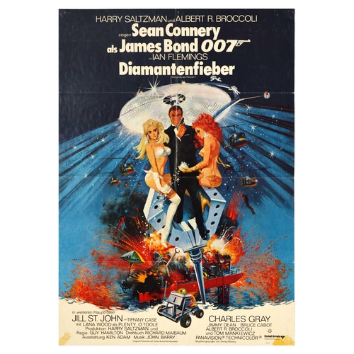 Cinema Poster James Bond Diamonds Are Forever German Release. Original vintage movie poster for the German release of the classic 007 film Diamonds Are Forever starring Sean Connery as James Bond, Jill St. John as Tiffany Case, Charles Gray as Blofeld and Lana Wood as Plenty O'Toole with the title song performed by Shirley Bassey. Artwork by the American artist Robert E. McGinnis depicting the popular fictional British spy James Bond holding up a gun and wearing his trademark tuxedo suit and bow tie standing between two scantily clad Bond Girls sitting on top of a robotic arm and wearing bikinis, boots and diamond jewellery and dropping diamonds sparkling down from their hands in front of scuba divers and helicopters flying over an exploding oil rig and spacemen on a bright dish in space below. Fair condition, folds, pinholes, creasing, small tears, tape on corners. Country of issue: Germany, designer: Robert E. McGinnis , size (cm): 84x60, year of printing: 1971.
