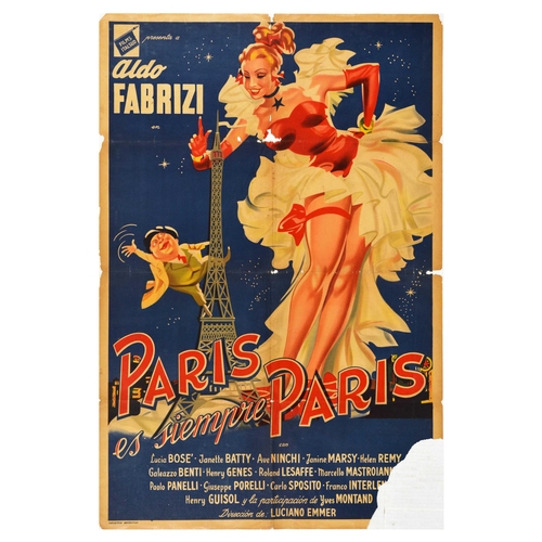 Cinema Poster Paris Pinup Cancun Cabaret  Eiffel Tower Comedy Romance . Original vintage cinema advertising poster for an Italian-French romantic comedy film Paris is Always Paris / Paris es siempre Paris / Paris est toujours Paris / Parigi e sempre Parigi, directed by Luciano Emmer, starring Aldo Fabrizi, the poster features a music hall performer in a red dress with white flounces smiling at a little man climbing the Eiffel tower and waving at her with stars in the dark sky over Paris.  Poor condition, large paper losses, tears, folds, creasing, staining Country of issue: Spain, designer: Unknown, size (cm): 109x74, year of printing: 1950s.