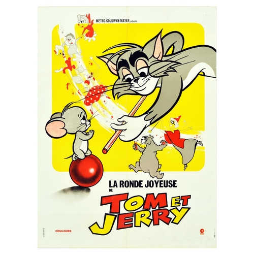 Cinema Poster Tom And Jerry Cartoon MGM Animation Snooker Pool Cue. Original vintage cinema poster for Metro-Goldwyn-Mayer La Ronde Joyeuse de Tom et Jerry / Tom and Jerry's Merry Round, depicting Jerry on a red snooker pool ball holding his hands in prayer begging Tom not to shoot the ball with the cue, set over yellow background with fairies, bear, and cabaret girl. Printed by Ets Saint Martin. Good condition, folds, creasing, pinholes, staining. Country of issue: France, designer: Unknown, size (cm): 80x60, year of printing: 1970s.