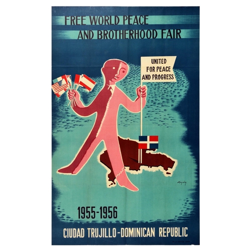 55 - Advertising Poster Free World Peace Brotherhood Fair Trujillo Dominican Republic. Original vintage a... 