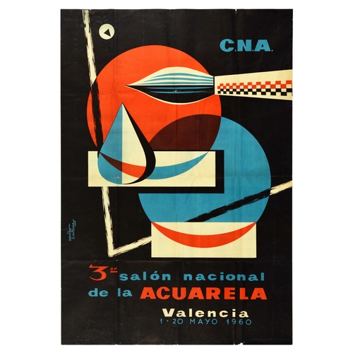 61 - Advertising Poster Watercolour Exhibition Valencia Spain Midcentury Modern. Original vintage midcent... 