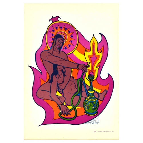 Advertising Poster David Hodges The Blessed Trinity. Original vintage advertising poster by David Hodges featuring a psychedelic illustration of a nude couple seated on the floor with a hookah waterpipe with purple, orange, and yellow flames around them set over white background. Very good condition, light fold, minor staining. Country of issue: USA, designer: D. Hodges, size (cm): 51x36, year of printing: 1967.