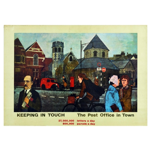 Advertising Poster Keeping in Touch Post Office Town. Original vintage advertising poster issued by the General Post Office to encourage public to keep in touch via mail, - Keeping in Touch. The Post Office in Town. 27,000,000 letters a day. 800,000 parcels a day. - featuring a quaint illustration of a town scene, with two ladies chatting, a gentleman with a newspaper, a man cycling on the bicycle and a postman picking up correspondence from an iconic red post box with a church in the background. Horizontal. Good condition, tears, creasing, staining, pinholes, small paper loss, trimmed bottom edge. Country of issue: UK, designer: Unknown, size (cm): 64x92, year of printing: 1960s.