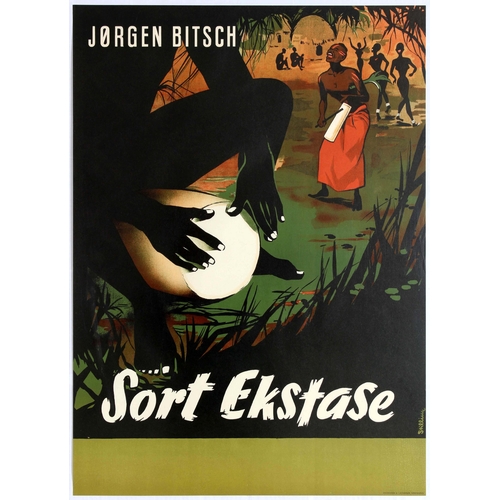 Cinema Poster Black Ecstasy Africa Sort Ekstase Jorgen. Original vintage movie poster for a documentary film Sort Ekstase (Black Ecstasy) directed by the Danish adventurer, author, lecturer and film producer Jorgen Bitsch (1922-2005) about his expedition trips in Africa. Striking artwork depicting the hands of an African man playing a drum in the foreground with more people singing and dancing in the background, framed with trees and grass with the text above and below in stylised white letters. Printed in Denmark by Andreasen & Lachmann, Copenhagen.  Excellent condition.  Country: Denmark. Year: 1955. Artist: Stilling. Size (cm): 85x61.5.