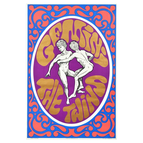 Advertising Poster Gemini Twins Glass Psychedelic Motorcycle Astrology. Original vintage psychedelic astrology poster Gemini - The Twins - Psychadelic artwork by Chas Rush features two nude boys in a purple coloured oval with gold bubble writing framed by a blue and red pattern. Issued by the Glass Motorcycle. Printed by Mills and Allen Ltd.  Very good condition, minor creasing, minor staining. Country of issue: UK, designer: Chas Rush, size (cm): 76x50, year of printing: 1960s.