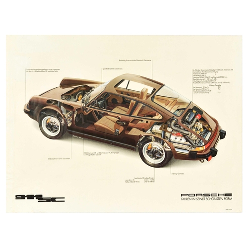 Advertising Poster Porsche 911 SC Cutaway Automobile Sports Car Dealership. Original vintage car dealership advertising poster - Porsche 911 SC - featuring a cut out design showing the exterior and interior of the sports car viewed from the side and through the roof including the engine and wheels, seating and inner workings of the vehicle with the bold black text on the side below, with arrows pointing at particular parts of the car - headlight cleaning system, sports steering wheel with leather rim, all-steel body hot-dip galvanised on both sides, gear transmission. The Porsche 911SC Super Carrera model was produced from 1978-1983. Horizontal.  Fair condition, repaired tears, pinholes, staining, creasing. Country of issue: Germany, designer: Studio Farr, size (cm): 76x101, year of printing: 1970s.