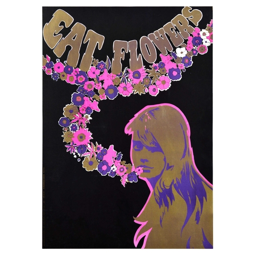Advertising Poster Hippie Psychedelic Eat Flowers Flower Power. Original vintage advertising poster Eat Flowers featuring a psychedelic pink and purple illustration of a lady looking at the viewer with a floral garland of flowers and large bold lettering set over black background. Very good condition, minor staining. Country of issue: Holland, designer: Ronald Slabbers, size (cm): 74x52, year of printing: 1970s.