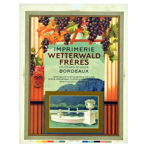 15 - Advertising Poster Bordeaux Wine Label Printer Imprimerie Wetterwald Freres Grape Vine Vinyard. Orig... 