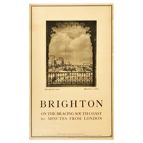 Travel Poster Brighton Sussex South Coast British Isles Dixon Scott. Original vintage travel poster for Brighton - On The Bracing South Coast 60 Minutes From London, featuring a photograph The British Isles Brighton, Sussex by J. Dixon Scott. Brighton Corporation Publicity Department, Brighton, and The Travel And Industrial Development Association of Great Britain and Irealand, Kinnaird House, Pall Mall, East, London. Printed in England. Good condition, several restored paper losses in margins, several restored tears in margins, ink stamp visible in top right corner, backed on linen. Country of issue: UK, designer: J. Dixon Scott, size (cm): 102x64, year of printing: 1930s.