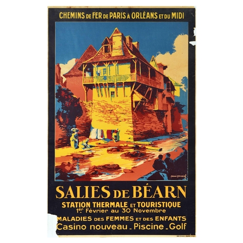 Travel Poster Salies De Bearn SPA Railway Paris Orleans Midi. Original vintage travel poster by Chemins de Fer de Paris a Orleans et du Midi Railway Company inviting to visit Salies de Bearn Spa and Tourist Resort February 1 to November 30, featuring an illustration by Rene Roussef depicting ladies with baskets doing their laundry by a small stream and hanging it out to dry by the wall of a building with people on the other side of the river looking at them. Printed by Chaix, Paris.  Poor condition, large paper losses, tears, creasing, staining Country of issue: France, designer: Rene Roussef, size (cm): 98x63, year of printing: 1931.