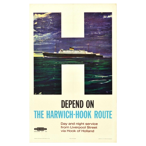 Travel Poster British Railways Depend On The Harwich Hook Route BR. Original vintage travel poster by British Railways Zeeland S.S. Co - Depend on the Harwich-Hook Route. Day and night service from Liverpool Street via Hook of Holland. - featuring a great illustration of a ship sailing at night with deep green and blue hues of water and sky. Published by British Railways (Eastern Region). Printed in Great Britain by Jordison & Co., Ltd., London and Middlesbrough.  Good condition, folds, tears on edges, creasing, minor staining. Country of issue: UK, designer: Unknown, size (cm): 102x63, year of printing: 1950s.