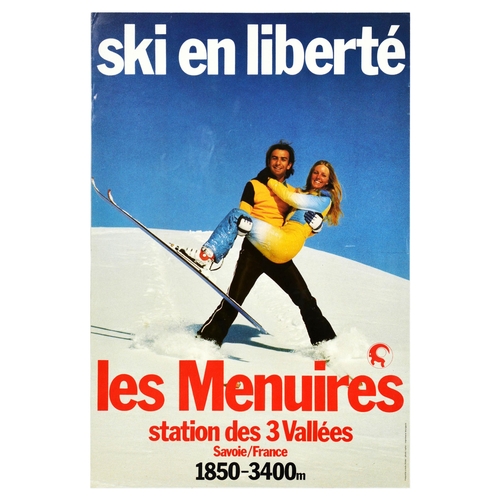 Travel Poster Les Menuires Trois Vallees Savoie Ski France Winter Sport. Original vintage travel poster Ski en Liberte Les Menuires station des 3 Vallees Savoie / France 1850-3400m / Skiing in Freedom les Menuires resort of the 3 Valleys Savoie / France 1850-3400m, featuring a photograph of a smiling couple o n a snowy slope, a gentleman holding a lady with skis in his arms with blue sky in the background. Printed by Bourgeois. Les Menuires is a ski resort in the Belleville valley of Les Trois Vallees between Saint-Martin-de-Belleville and Val Thorens. Owned and operated by Compagnie des Alpes, it is in the Savoie département of France.  The resort has 48 restaurants, 39 ski lifts and 62 trails. The resort has advanced ski slopes and beginner slopes. The resort also hosted the men's slalom alpine skiing event at the 1992 Winter Olympics.  It's slopes are connected to more than 600 km of slopes in Les Trois Vallees, making it a part of the largest skiable area in the world. The resort has not only skiing facilities, but also offers a range of other activities. Very good condition, creasing.  Country of issue: France, designer: Rapho, size (cm): 55x37, year of printing: 1960s.