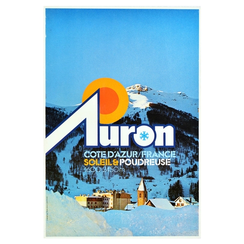 214 - Travel Poster Auron Cote d'Azur Ski France Riviera Sun Winter Sports. Original vintage travel and sk... 