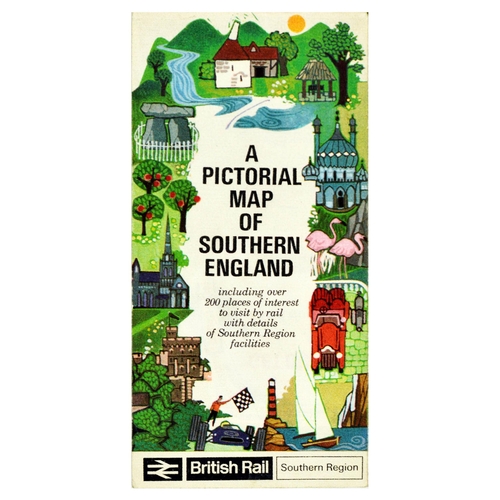 216 - Travel Poster British Rail Pictorial Map Southern England Southern Region. Original vintage travel p... 