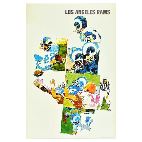 Sport Poster Los Angeles Rams NFL American Football Collectors Series. Original vintage sport poster celebrating the 50th Anniversary of the NFL National Football League in 1969 taken from an NFL Collectors Series - Los Angeles Rams  - Design features a collage of players and scenes from a game on a white background. Published by National Football League Properties Inc. Good condition, small tears, foxing, creasing  Country of issue: USA, designer: Don Weller, size (cm): 92x61, year of printing: 1969.