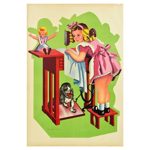 27 - Advertising Poster Children Play Sewing Machine Doll Puppy Girl. Original vintage poster featuring a... 