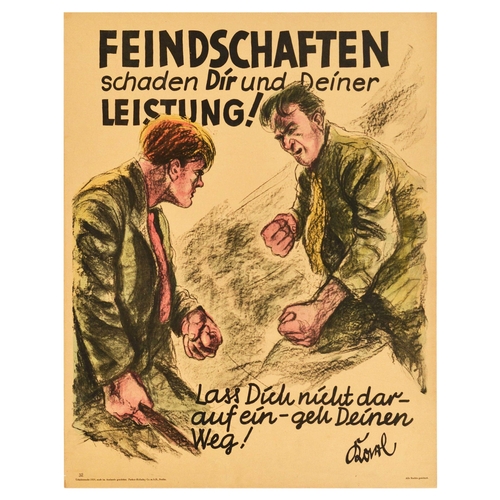 Propaganda Poster Enmities Damage Performance Feindschaften Doval Motivation Parker Holladay . Original vintage German motivational workplace poster issued by Parker-Holladay company in Berlin. Doval was a German equivalent of Bill Jones that was created in the UK by Parker-Holladay to promote the correct work ethic in the workplace. The concept was copyrighted and also taken to the USA and Canada motivating personnel to perform efficiently worldwide. The poster features an illustration of two men facing each other and clenching their fists, caption reads - Enmities damage you and your performance! Don't get involved - go your own way! / Feindschaften schaden Dir und Deiner Leistung! Lass Dich nicht darauf ein - geu deinen weg! Good condition, restored tears, paper loss in bottom left corner. Country of issue: Germany, designer: Doval, size (cm): 72x56, year of printing: 1929.