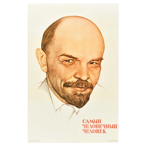 Propaganda Poster Lenin Most Humane Person Soviet Russia. Original vintage Soviet propaganda poster - The most humane person - featuring a portrait of Vladimir Lenin (1870-1924), a Russian revolutionary and politician, founder and head of Soviet Russia and the Soviet Union. Good condition, creasing, tears on edges, staining. Country of issue: Russia, designer: V. Berezovsky, size (cm): 103x67, year of printing: 1978.