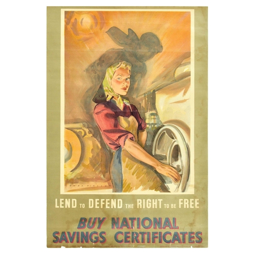 War Poster Factory Girl Home Front WWII UK National Savings. Original vintage World War Two poster: Lend to Defend the Right to Be Free - Buy National Savings Certificates. Image of a lady wearing an apron and scarf on her head working in a factory with the shadow of a Red Cross Nurse behind her. Fair condition, tears, creasing, staining, small paper losses on edges. Country of issue: UK, designer: John Pimlott, size (cm): 76x51, year of printing: 1940s.